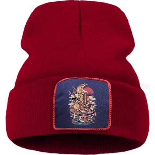 Japanese Cool Ramen City Print Hat Autumn Winter Women Keep Warm Hip Hop Men Knitted Hats Solid Color Simple Beanies For Women