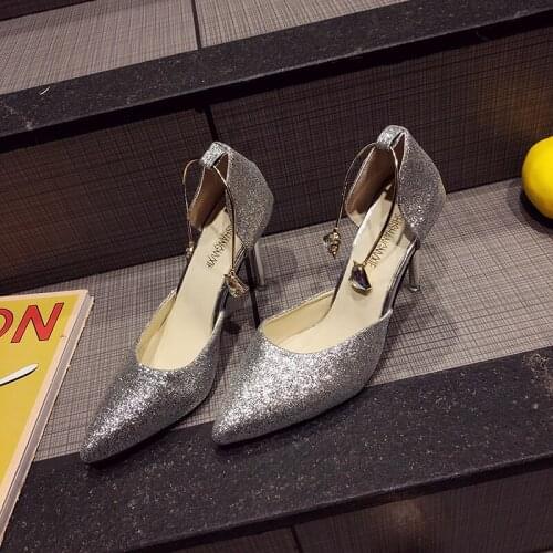 2020 Spring Autumn Women Pumps Sexy buckles High Heels Shoes Fashion Pointed Toe Wedding Party Square Heel String Bead U22-40