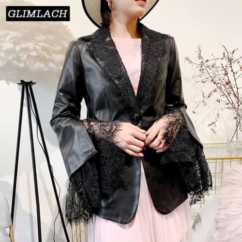 New Women Elegant Lace Spliced Lambskin Real Leather Blazer Jacket Slim Luxury Genuine Leather Coat Office Lady Casual Clothes