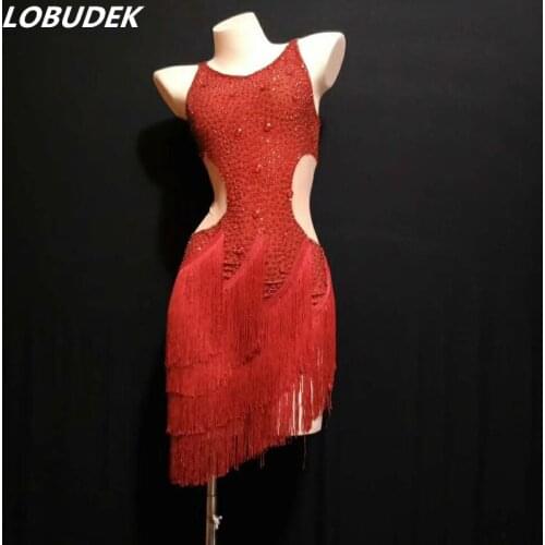Adult Lady Latin Dance Competition Costume Sparkly Red Silver Rhinestones Fringes Dress Sexy Hollow Out Tassels Dress Stage Wear