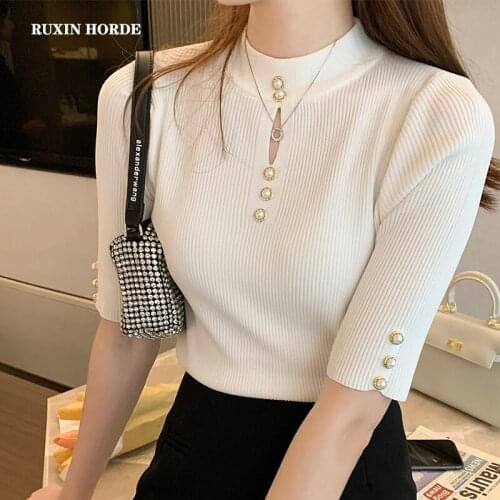 Single Breasted Knitted Hollow Out Feminine Summer Western Style Short Sleeve Half A Turtleneck Sweater-Shirt Exquisite Details