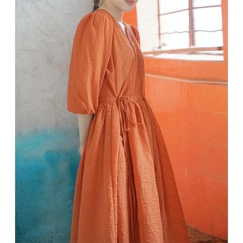 SCUWLINEN 2021 Summer Women Dress Retro Artsy French Style V-neck High-waist Half-sleeve Slim Long Lacing Elegant Dresses P375