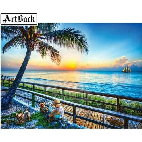 5d diy diamond painting coconut tree boy sea view 3D diamond embroidery full square / round drill rhinestone mosaic home decor