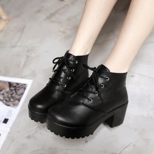 Black White Boots Heels 6CM PU leather Boots Women Platform Heels Ankle Boots for Women Chunky Heel Shoes Zapatos Plataforma