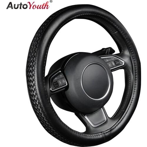 PU Leather Steering Wheel Cover Black Lychee Pattern with Anti-slip Braiding Style M Size fits 38cm/15" Diameter