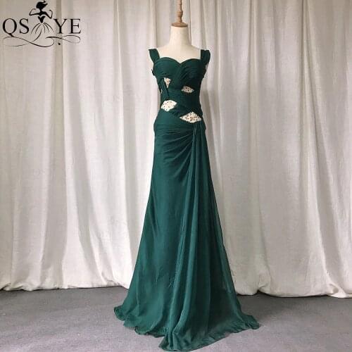 Emerald Prom Dresses Chiffon Long Green Evening Gown Shoulder Straps Pleat Formal Dress Ruched Ribbon Bead Women Gown