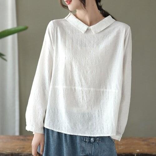 Johnature 2021 Autumn New Retro Jacquard Turn-down Collar Button Long Sleeve Shirt Cotton Linen Comfortable All-match Women Tops