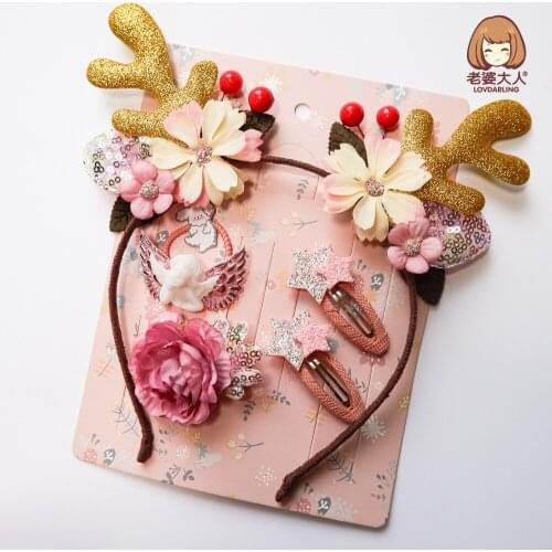 Ice Queen Christmas Hair Decorations Little Princess Headband Christmas Antlers Headband Combination Set Little Angel Hairpin