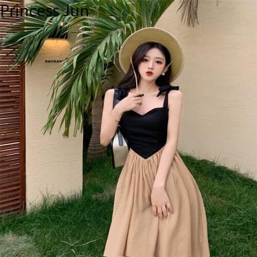 Summer Sexy Little Black White Dress Fashion Slash Neck A Line Suspender Straps Dress Sleeveless Fairy Holiday Beach Party Dress