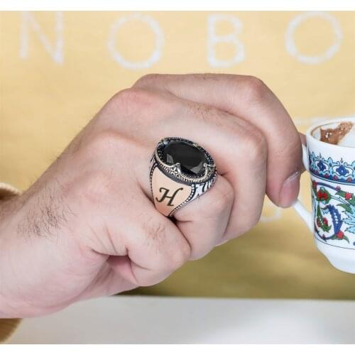 Personalized Facet Cut Black Zircon Silver Men Ring