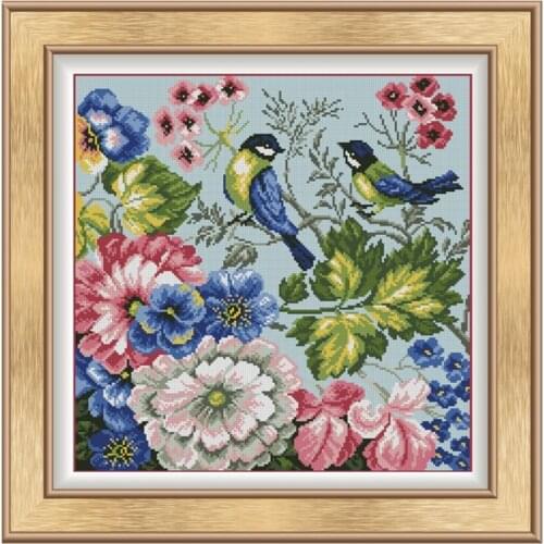 Cross Stitch Printed Cloth Set With Blue Bird Flower Decoration on Flower Branches Handmade Chinese Embroidery Material Pack