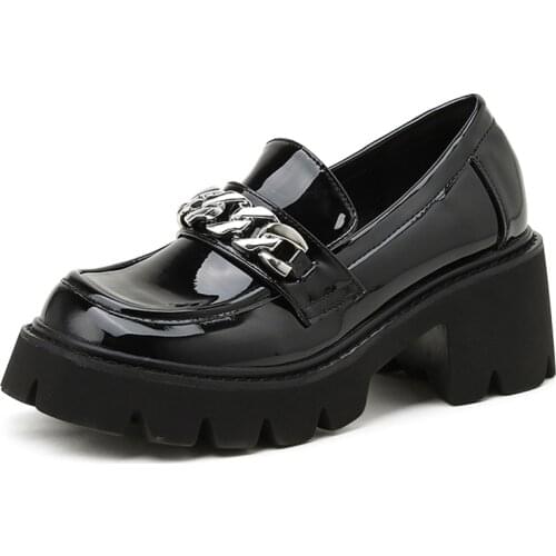 New Autumn Patent Leather Women Pumps Metal Chain Decoration Ladies Creepers Fashion Platform High Heels Oxfords Shoes For Woman