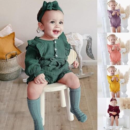 Organic Cotton Baby Girl Clothes Summer New Double Gauze Kids Long Sleeve Bowtie Ruffle Romper Jumpsuit Headband Dusty Playsuit