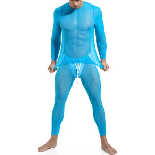 Sexy Men Pajamas Sets See Through Ice Silk Thin Man T-shirt & Pants Pajama Sets Skinny Fitness Riding Sleep Bottoms Sleepwears