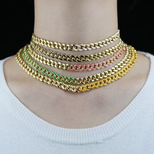 Multi Colored White Green Red Yellow Black Rainbow Colorful Enamel Miami Cuban Link Chain Two Tone Choke Necklace For Men Women