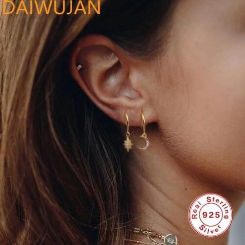 DAIWUJAN INS 925 Sterling Silver Shiny Zircon Star And Moon Hoop Earrings Asymmetric Pendiente Circle Earrings Party Jewelry