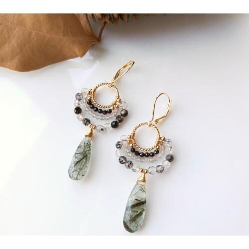 Lii Ji Green Rutilated Quartz Black Tourmaline Quartz Labradorite Earrings Handmade Vintage 925 Sterling Silver 18K Gold Color