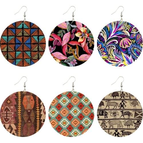 SOMESOOR Bohemian Afro Fabric Design Printed Wooden Drop Earrings African Ethnic Flowers Loops Dangle Jewelry For Women Gifts