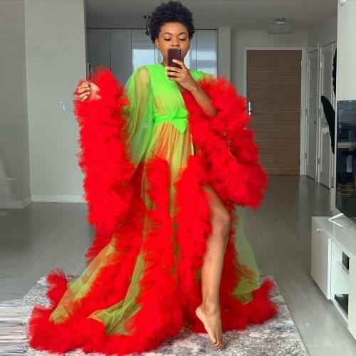 Unique Colorful See Through Tulle Ruffles Rose Pink Long Kimono Tiered Ruched A-line Prom Gowns Puffy Sleeves African Cape Cloak