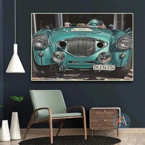 Vintage Blue Green Antique Car Poster Canvas Print Painting Retro Wall Art Picture Living Room Bedroom Home Decoration No Frame