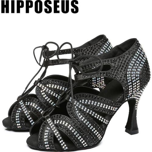 Hipposeus Women Dance-Shoes For Girls Ladies Ballroom Latin Modern Tango Dancing Shoes With Rhinestone Salsa Sandrals High Heels