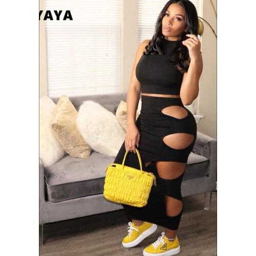 CM.YAYA Summer Street Womens Set Turtleneck Tops and Cut Out Hole Maxi Midi Skirts Matching Two Piece Set Sexy Beach Tracksuit