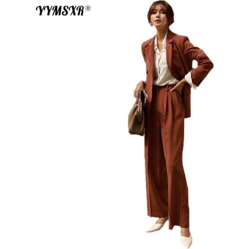 Autumn and winter womens office suit pants two-piece Temperament double breasted ladies jacket Casual high waist wide leg pants