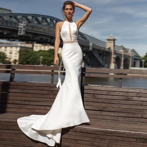 Vestido De Novia Sirena Satin Mermaid Wedding Dress Simple Robes De Mariage Backless Trouwjurk Sequined Beading Waist Brautkleid