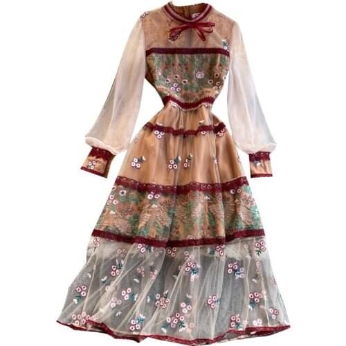 2021 Spring Dressss Women Lace Embroidery Patchwork Dress Vintage Ladies Floral Print Long Dress Autumn Vestidos Elegant Femme