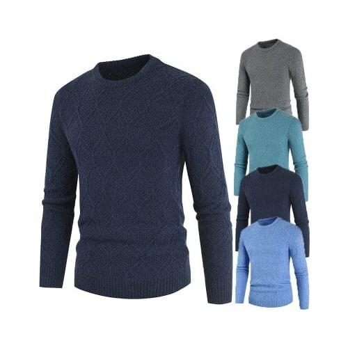 2020 Rhombic Designs Navy Blue Thick Mens Winter Warm Sweater Acrylic Round Neck Top Pullover Retro Casual Knit Sweater For Men