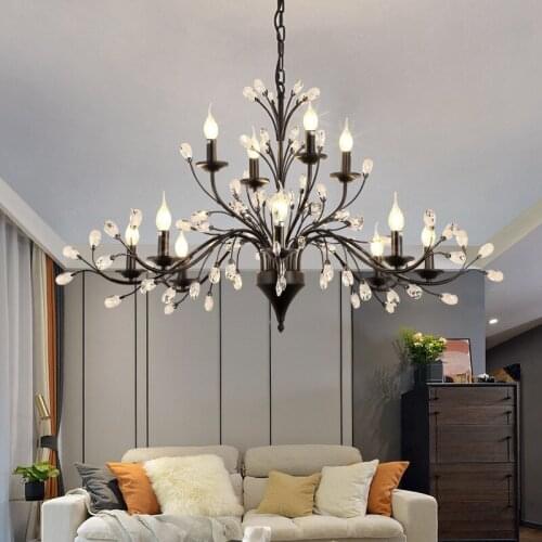 American LED Crystal Chandelier Pendant Lamp Feather Iron Hanging Light for Living Room luminaire Dining Room 110V-220V MJ1114