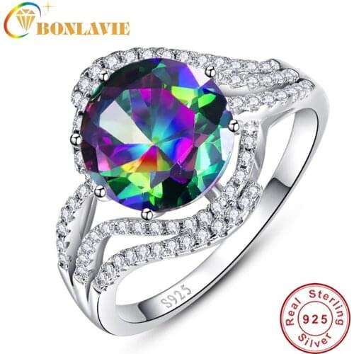 BONLAVIE 10*10mm Round Colorful Crystal Cubic Zirconia 925 Sterling Sliver Women Wedding Finger Ring Classic Jewelry