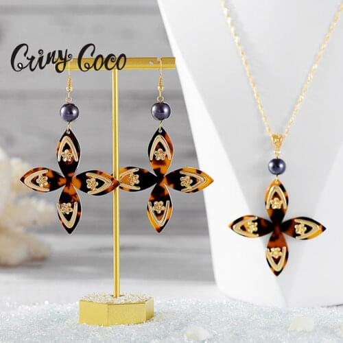 Cring Coco Flower Polynesian Jewelry Sets Hawaiian Samoan Cross Pendants Necklaces Dangling Earrings Set for Women Wedding Party