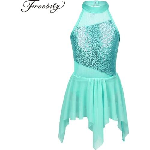 Kids Girls Sequins Ballet Leotard Children Irregular Cutout Back Ballet Tutu Dress Figure Skating Stage Lyrical Dance Costumes