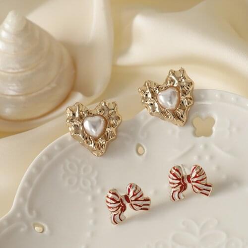 DoreenBeads Sweet Stud Earrings For Women Bowknot Heart Imitation Pearls Party Club Gold Color Metal Earrings Statement Jewelry