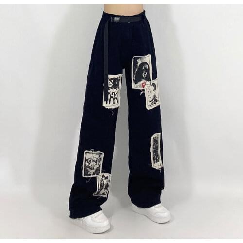 Hip-hop punk trend loose black high waist jeans women Y2K street print patchwork retro fashion wide leg pants jeans women