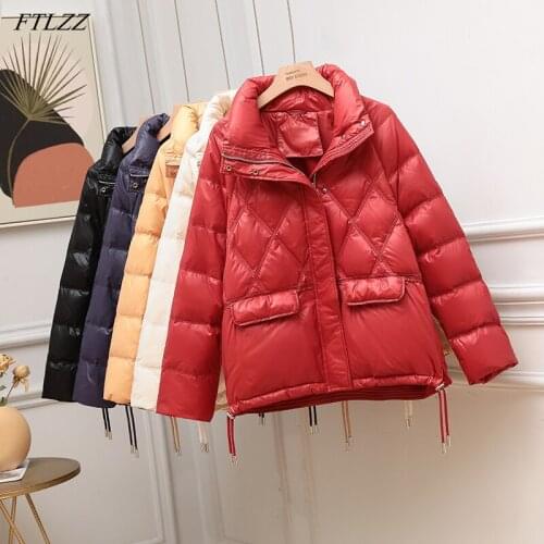 FTLZZ Winter Lightweight Feather Jacket Women 90% White Duck Down Coat Women Casual Loose Warm Fluffy Outwear Retractable Hem