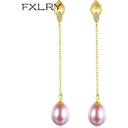 FXLRY Elegant Micro-inlaid Zircon Natural Pearls Long Dangle Earrings for Women Wedding Jewelry