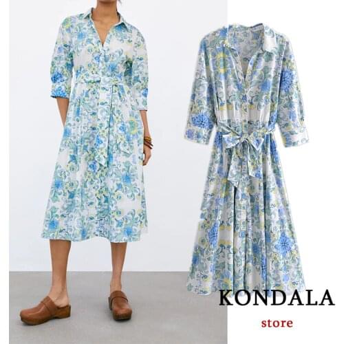 KONDALA Women Chic Floral Print V Neck Shirt Dress Za 2021 Short Sleeve A-Line Sashes Midi Summer Dress Vintage Pleated Vestidos