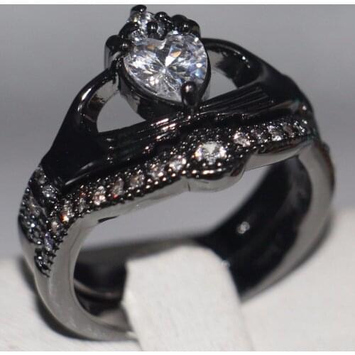 Top sell Claddagh Fashion Jewelry 10kt Balck Gold Filled White Clear 5A CZ Women Wedding Cut Couple Rings For Lover Gift SZ5-11