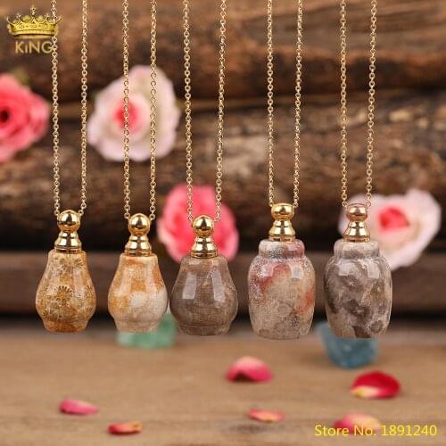 Natural Flower Fossils Stone Unique Essential Oil Diffuser Perfume Bottle Gold Pendant Necklace Women Reiki Jewelry Wholesales