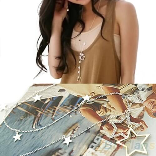 New Womens Fashion Gold Crystal Rhinestone Stars Pendant Long Chain Necklace 1NNO 6P56