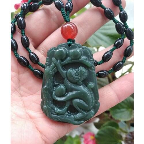 Natural bottle Jade Pendant Amulet fortune monkey pick peach with bead Necklace