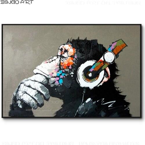 Modern Fine Art Hand-painted Funny Animal Double Thinking Monkey Oil Painting on Canvas Funny Listening Music Monkey Painting