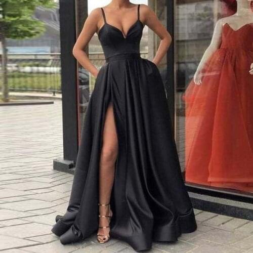 Evening Dresses In Stock High Slit Satin Spaghetti Straps Sweetheart A-Line Long Prom Dress with Pockets Burgundy Evening Gown