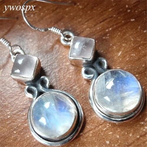 YWOSPX Vintage Imitation Moonstone Silver Color Dangle Earrings for Women Jewelry Wedding Engagement Drop Earring Gifts Y30