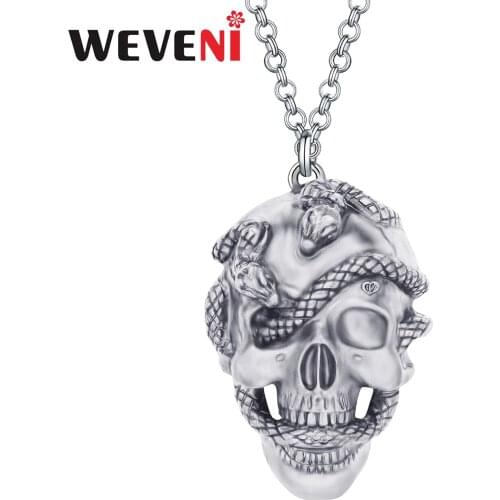 WEVENI Halloween Alloy Antique Gold Plated Snake Skull Necklace Long Skeleton Pendant Jewelry For Women Kids Girl Gift Charms