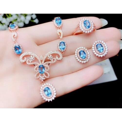 Competitive price classic blue Topaz gemstone jewelry set including ring earrings and necklace with silver