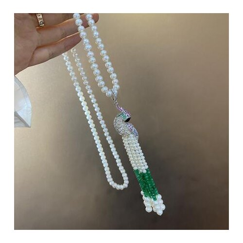 Womens jewelry 7-8mm 75+15cm micro inlaid zircon green accessories white freshwater pearl necklace