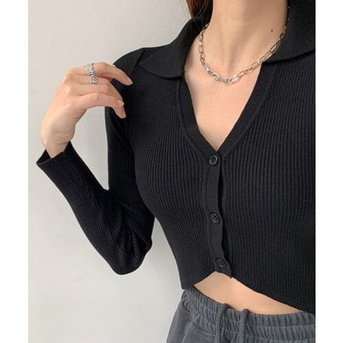 WOMENGAGA Lapel Long Sleeve Slim Short Knitting Tops Korean Solid Color Screw Thread Open Navel Irregular Cardigan Dl3x